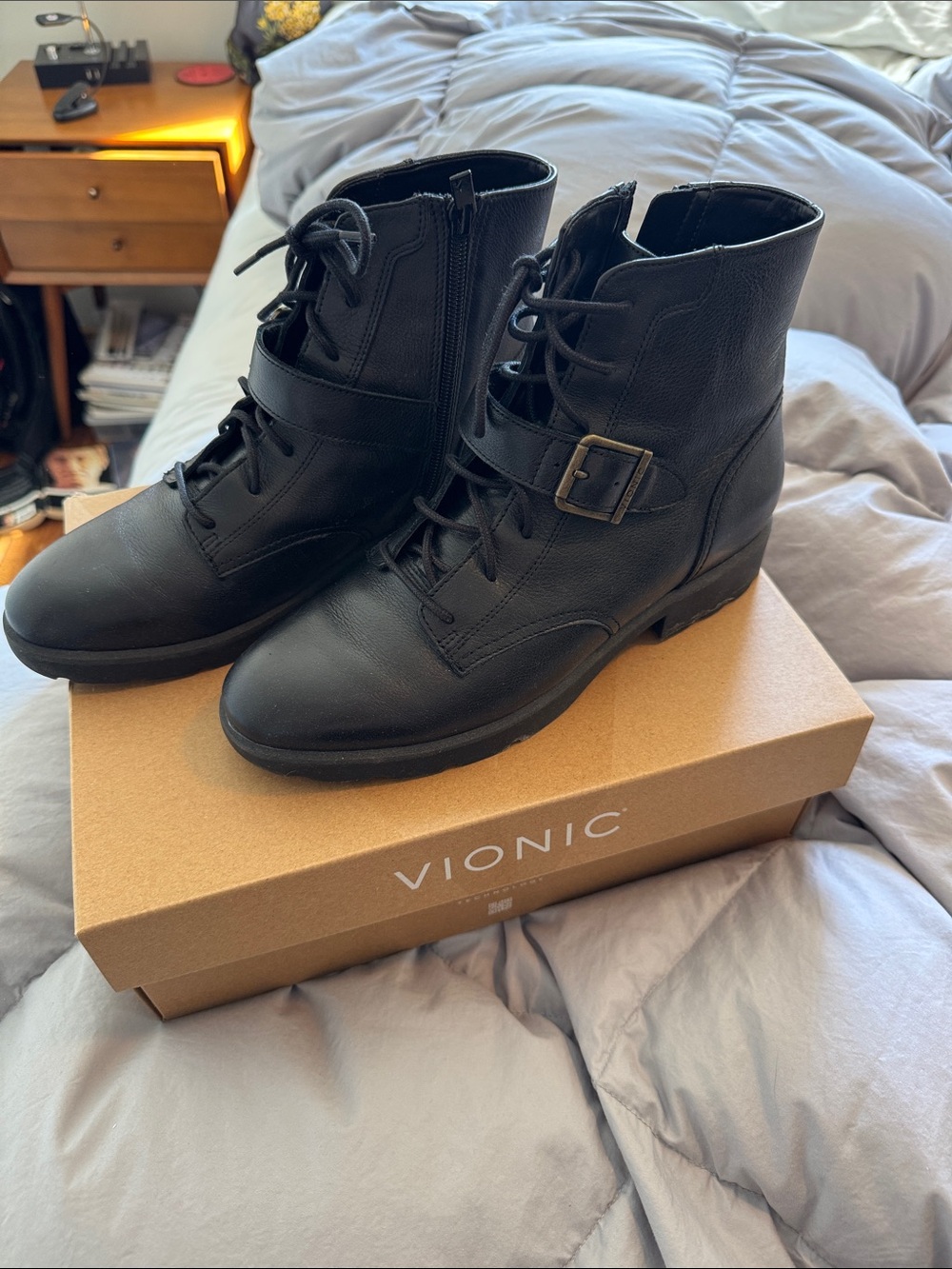 Vionic Black Lace-Up Combat Boots with Buckle Strap